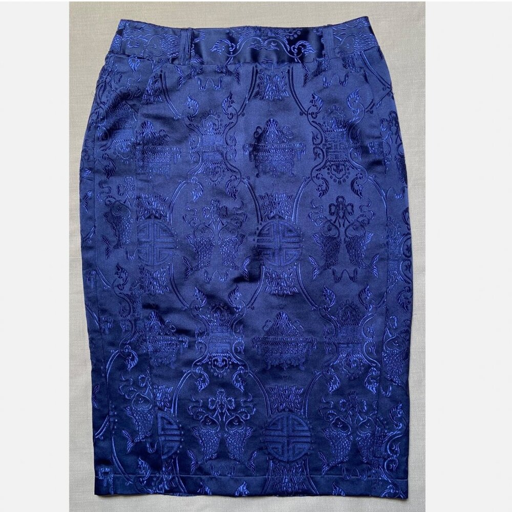 Playgirl Asian Chinese Koi Fish Satin Silky Royal Blue Lined Print Skirt S FX9